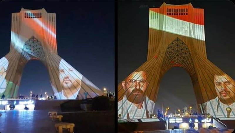 İran'ın Azadi Kulesinde Husi  liderlerinin resmi sergileniyor