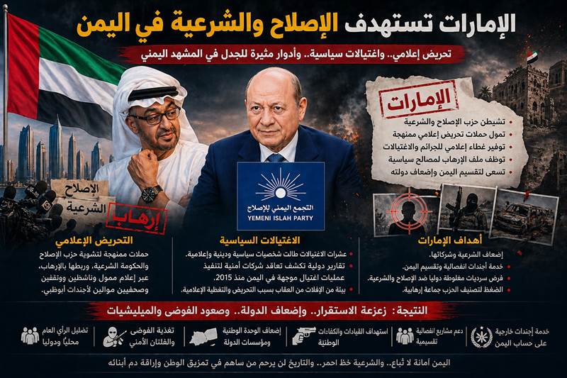 تصعيد إماراتي ضد الشرعية والإصلاح في اليمن.. حملة سياسية وإعلامية تتجدد في ظل التحولات الداخلية والإقليمية