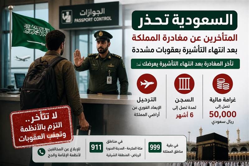 السعودية تحذر المتأخرين عن مغادرة المملكة بعد انتهاء التأشيرة بعقوبات مشددة