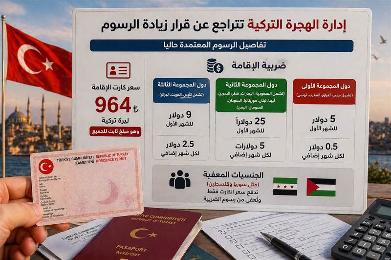 عاجل : إدارة الهجرة التركية تتراجع عن الرسوم المرتفعة للإقامات وتعلن التعرفة الجديدة