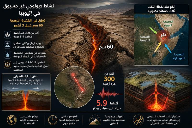 نشاط جيولوجي غير مسبوق في إثيوبيا يثير مخاوف العلماء من تشكل محيط جديد