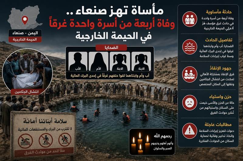 مأساة تهز صنعاء.. وفاة أربعة من أسرة واحدة غرقًا في الحيمة الخارجية