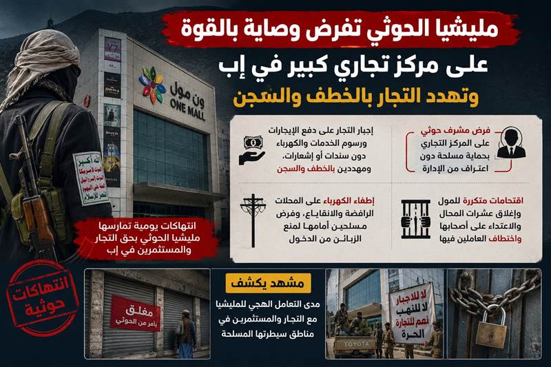 مليشيا الحوثي تفرض وصاية بالقوة على مركز تجاري كبير في إب وتهدد التجار بالخطف والسجن