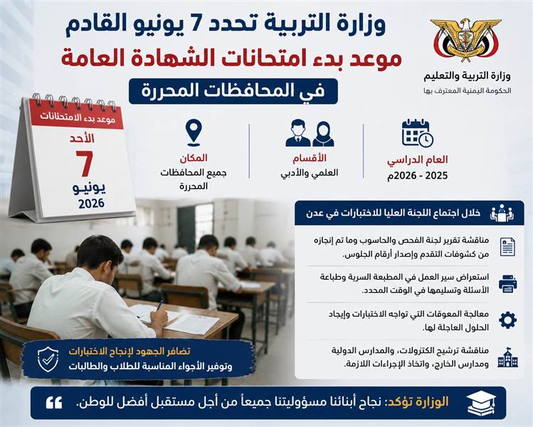 وزارة التربية تعلن موعد امتحانات الثانوية العامة في المحافظات المحررة
