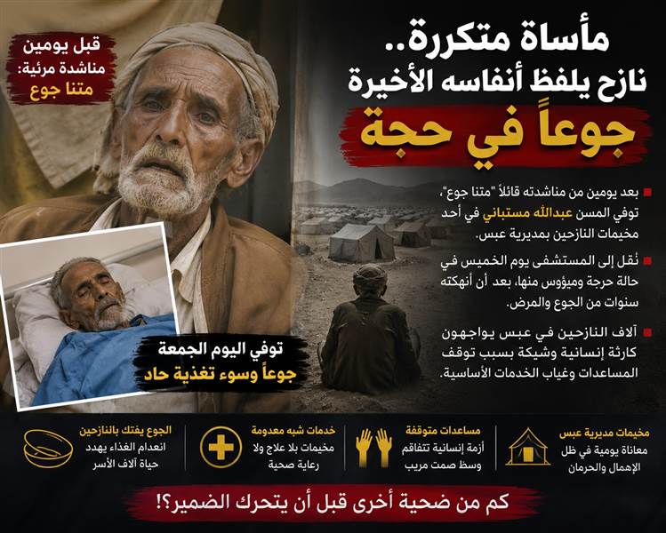بعد يومين من مناشدته "متنا جوع".. وفاة نازح مسن في مخيمات حجة بسبب الجوع وسوء التغذية (صورة المسن)